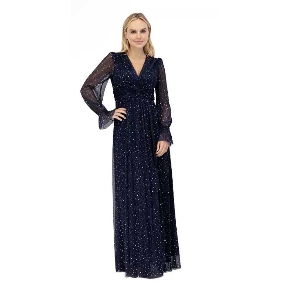 Eliza J Women Blue Twist-Front Pleated Metallic Knit Gown Dress Size 8 Celestial
